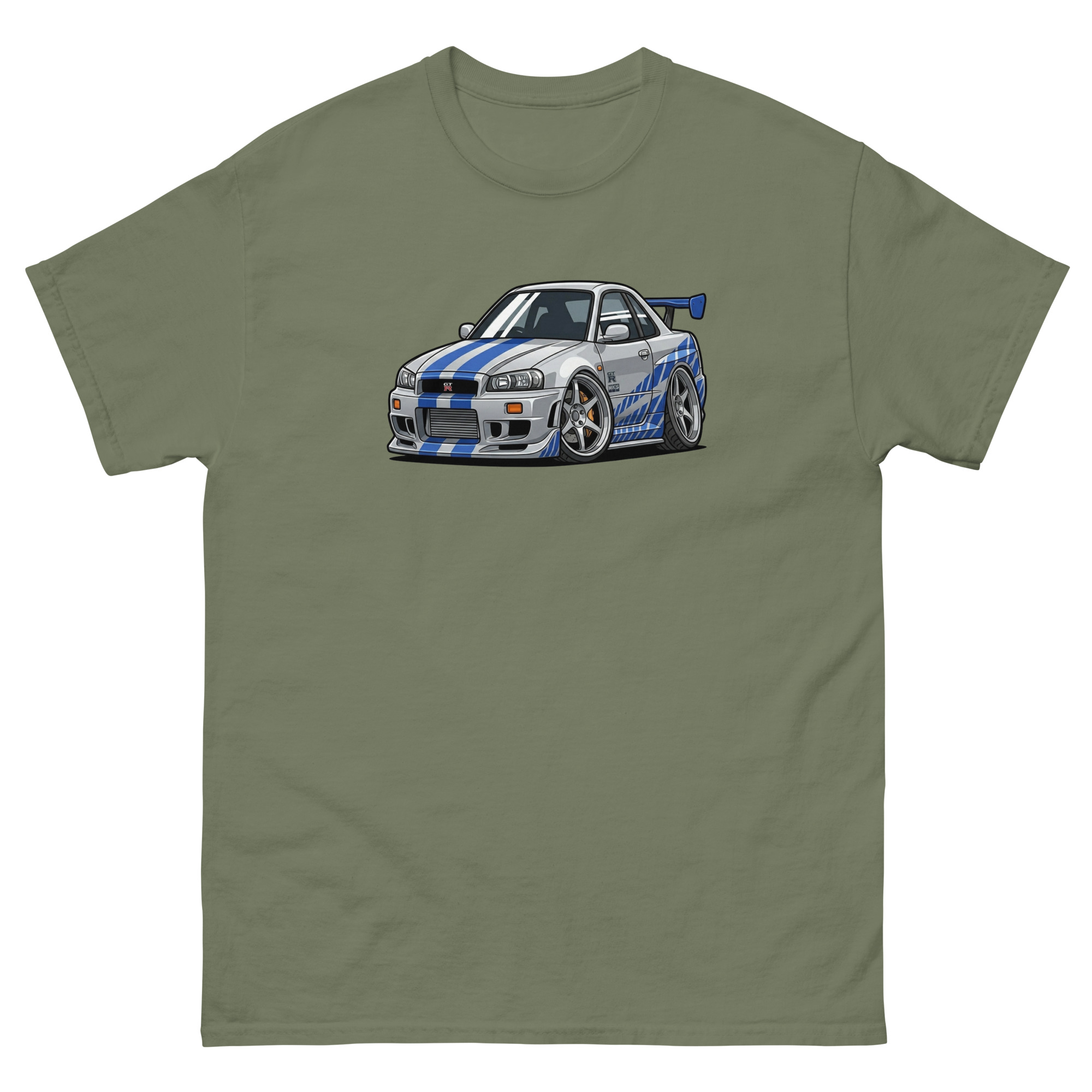 Brian's 1999 Skyline GT-R R34 Chibi Style Unisex Classic Tee - Image 15