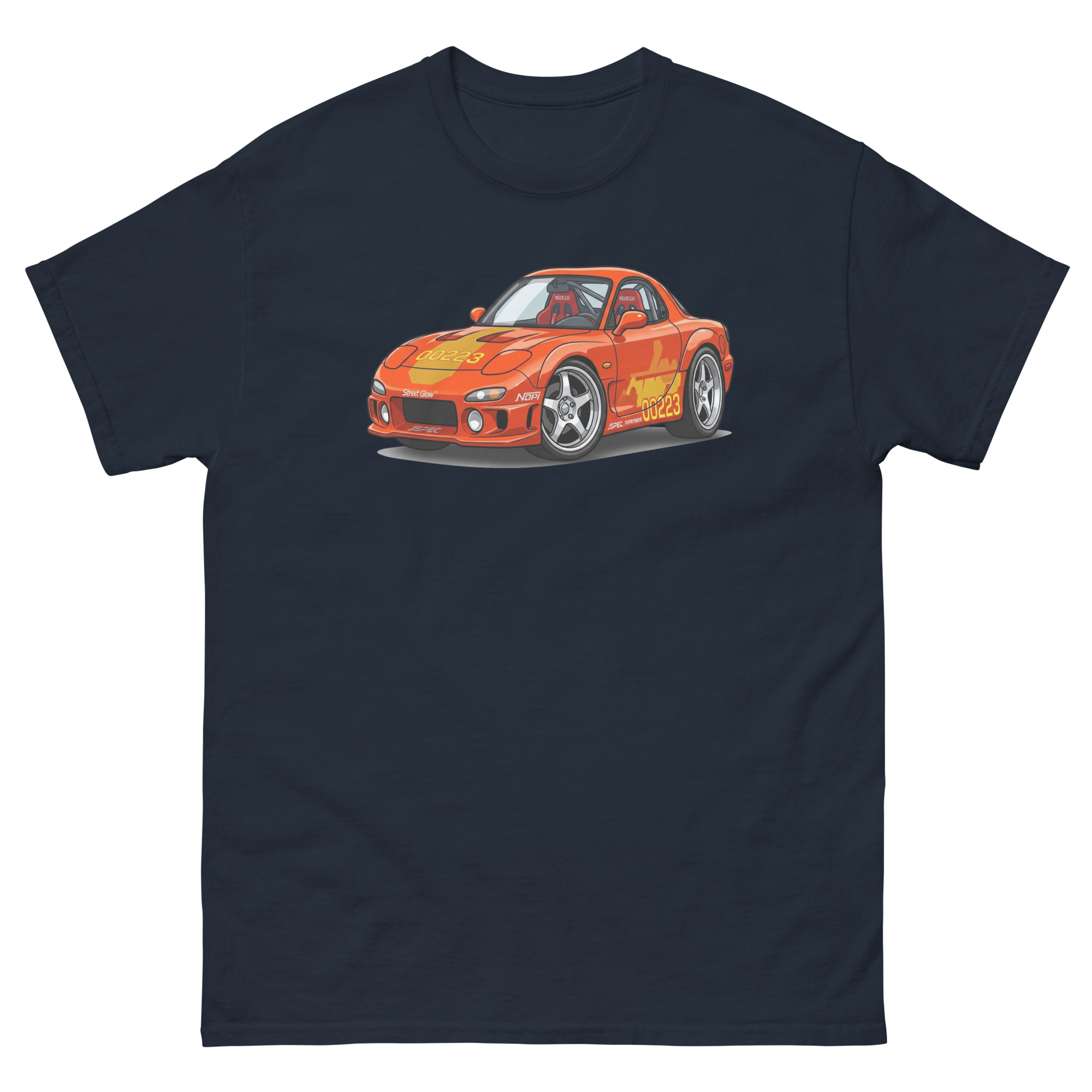 1993 RX-7 Orange Julius Chibi Style Unisex Classic Tee - Image 3