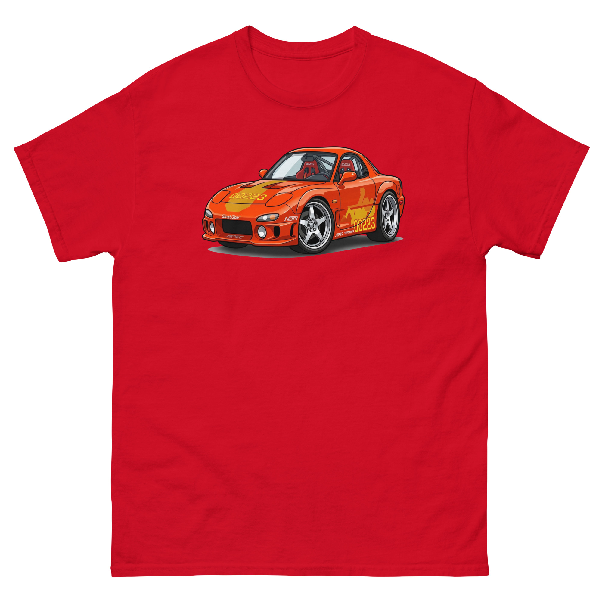 1993 RX-7 Orange Julius Chibi Style Unisex Classic Tee - Image 7
